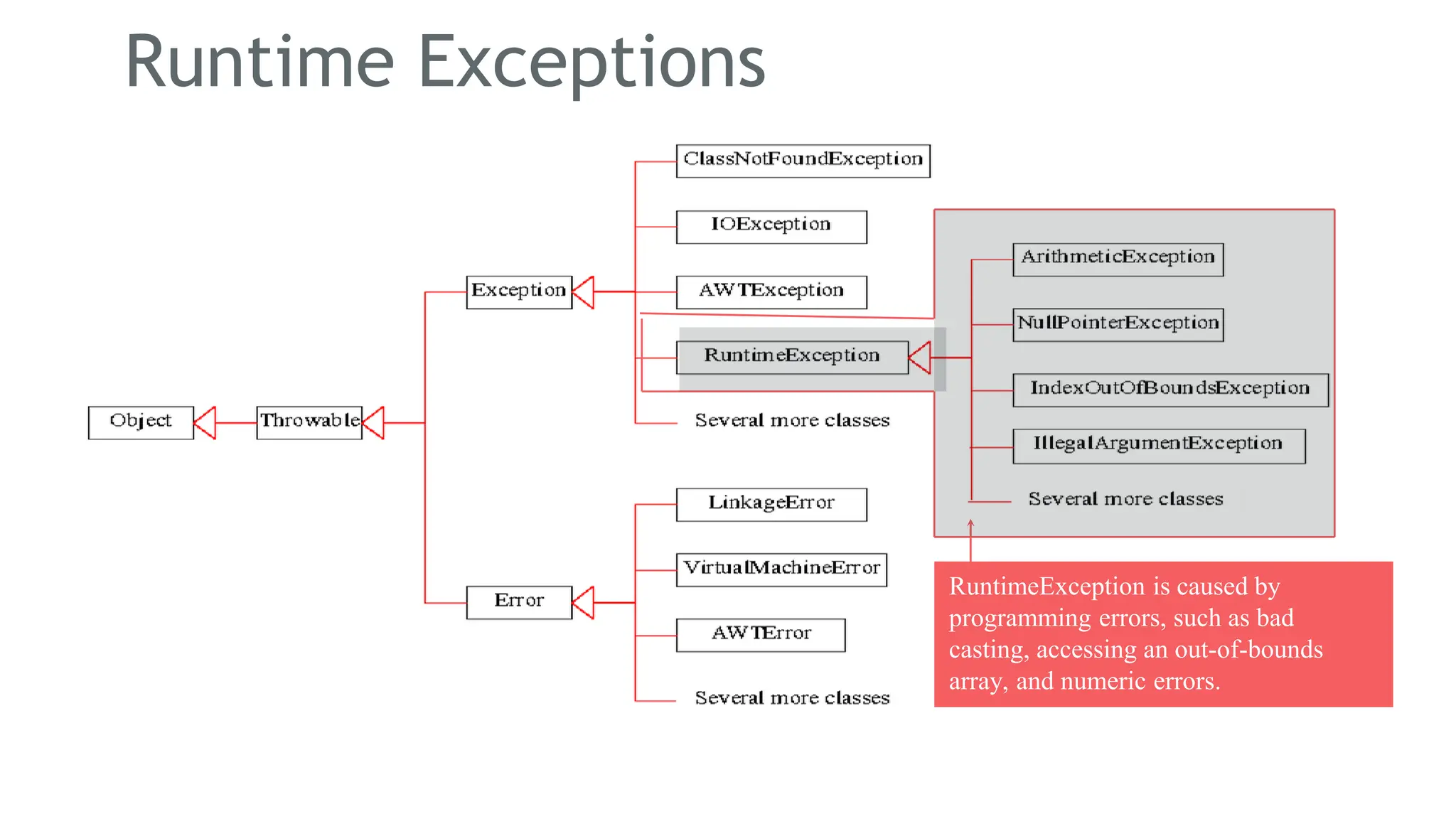 Runtime Exceptions
168
RuntimeException is caused by
programming errors, such as bad
casting, accessing an out-of-bounds
array, and numeric errors.
 