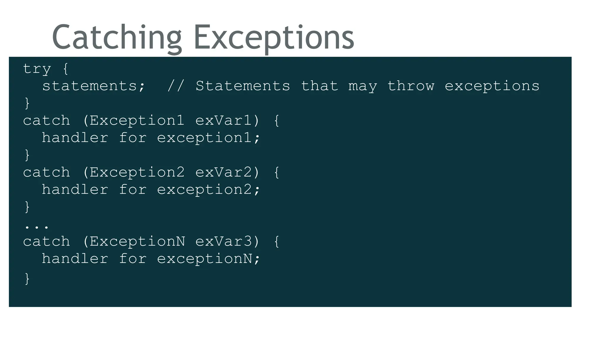Catching Exceptions
try {
statements; // Statements that may throw exceptions
}
catch (Exception1 exVar1) {
handler for exception1;
}
catch (Exception2 exVar2) {
handler for exception2;
}
...
catch (ExceptionN exVar3) {
handler for exceptionN;
}
 