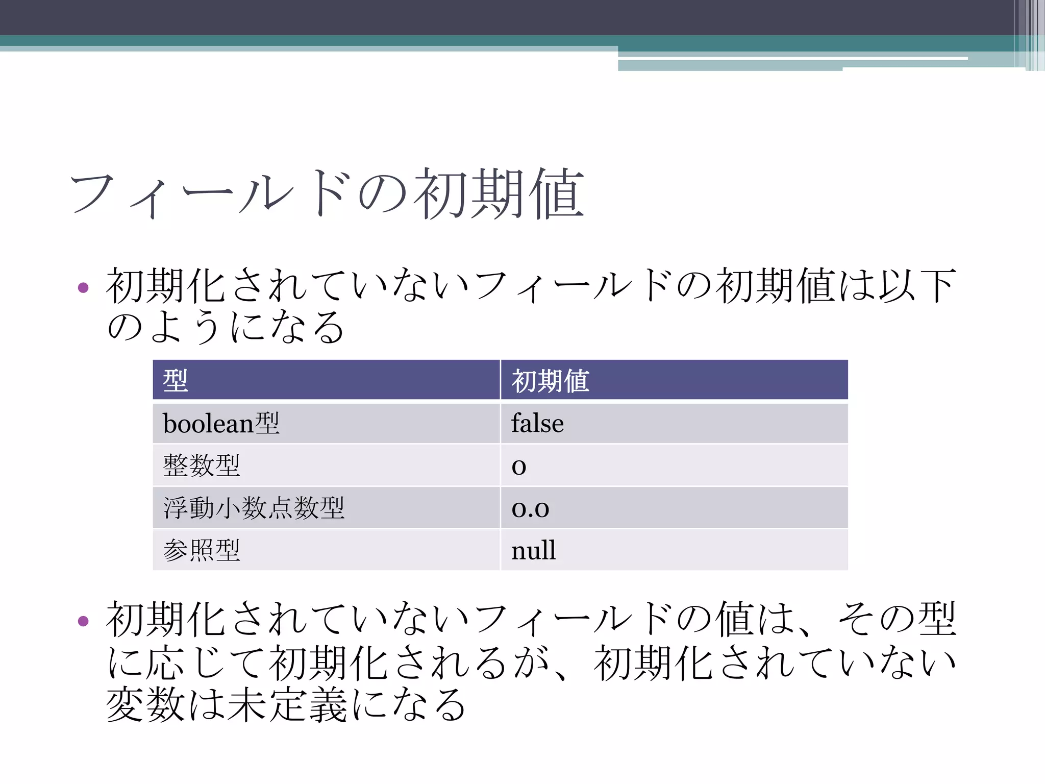 フィールドの初期値
• 初期化されていないフィールドの初期値は以下
のようになる
型

初期値

boolean型

false

整数型

0

浮動小数点数型

0.0

参照型

null

• 初期化されていないフィールドの値は、その型
に応じて初期化されるが、初期化されていない
変数は未定義になる

 
