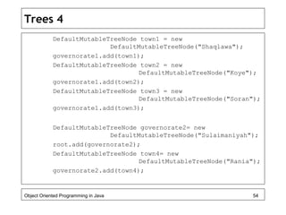 Trees 4
DefaultMutableTreeNode town1 = new
DefaultMutableTreeNode("Shaqlawa");
governorate1.add(town1);
DefaultMutableTreeNode town2 = new
DefaultMutableTreeNode("Koye");
governorate1.add(town2);
DefaultMutableTreeNode town3 = new
DefaultMutableTreeNode("Soran");
governorate1.add(town3);
DefaultMutableTreeNode governorate2= new
DefaultMutableTreeNode("Sulaimaniyah");
root.add(governorate2);
DefaultMutableTreeNode town4= new
DefaultMutableTreeNode("Rania");
governorate2.add(town4);
Object Oriented Programming in Java 54
 