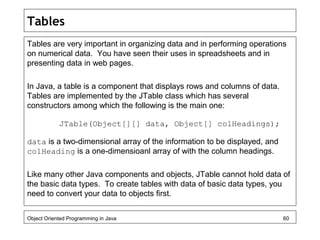 Tables
Tables are very important in organizing data and in performing operations
on numerical data. You have seen their uses in spreadsheets and in
presenting data in web pages.
In Java, a table is a component that displays rows and columns of data.
Tables are implemented by the JTable class which has several
constructors among which the following is the main one:
JTable(Object[][] data, Object[] colHeadings);
data is a two-dimensional array of the information to be displayed, and
colHeading is a one-dimensioanl array of with the column headings.
Like many other Java components and objects, JTable cannot hold data of
the basic data types. To create tables with data of basic data types, you
need to convert your data to objects first.
Object Oriented Programming in Java 60
 