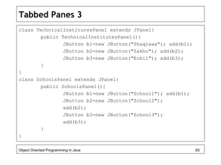 Tabbed Panes 3
class TechnicalInstitutesPanel extends JPanel{
public TechnicalInstitutesPanel(){
JButton b1=new JButton("Shaqlawa"); add(b1);
JButton b2=new JButton("Zakho"); add(b2);
JButton b3=new JButton("Erbil"); add(b3);
}
}
class SchoolsPanel extends JPanel{
public SchoolsPanel(){
JButton b1=new JButton("School1"); add(b1);
JButton b2=new JButton("School2");
add(b2);
JButton b3=new JButton("School3");
add(b3);
}
}
Object Oriented Programming in Java 65
 