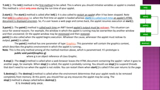 1.init( ) : The init( ) method is the first method to be called. This is where you should initialize variables or applet is created.
This method is called only once during the run time of your applet.
2.start( ) : The start( ) method is called after init( ). It is also called to restart an applet after it has been stopped. Note
that init( ) is called once i.e. when the first time an applet is loaded whereas start( ) is called each time an applet’s HTML
document is displayed onscreen. So, if a user leaves a web page and comes back, the applet resumes execution at start( ).
3.paint( ) : The paint( ) method is called each time an AWT-based applet’s output must be redrawn. This situation can
occur for several reasons. For example, the window in which the applet is running may be overwritten by another window
and then uncovered. Or the applet window may be minimized and then restored.
paint( ) is also called when the applet begins execution. Whatever the cause, whenever the applet must redraw its
output, paint( ) is called.
The paint( ) method has one parameter of type Graphics. This parameter will contain the graphics context,
which describes the graphics environment in which the applet is running..
Note: This is the only method among all the method mention above, which is parametrised. It’s prototype is
public void paint(Graphics g)
where g is an object reference of class Graphic.
4.stop( ) : The stop( ) method is called when a web browser leaves the HTML document containing the applet—when it goes to
another page, for example. When stop( ) is called, the applet is probably running. You should use stop( ) to suspend threads
that don’t need to run when the applet is not visible. You can restart them when start( ) is called if the user returns to the page.
5.destroy( ) : The destroy( ) method is called when the environment determines that your applet needs to be removed
completely from memory. At this point, you should free up any resources the applet may be using. The
stop( ) method is always called before destroy( ).
It is invoked only once.
 