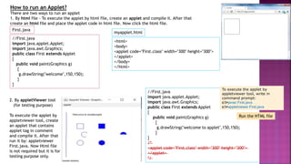 How to run an Applet?
There are two ways to run an applet
1. By html file - To execute the applet by html file, create an applet and compile it. After that
create an html file and place the applet code in html file. Now click the html file.
//First.java
import java.applet.Applet;
import java.awt.Graphics;
public class First extends Applet
{
public void paint(Graphics g)
{
g.drawString("welcome",150,150);
}
}
<html>
<body>
<applet code="First.class" width="300" height="300">
</applet>
</body>
</html>
First.java
myapplet.html
2. By appletViewer tool
(for testing purpose)
To execute the applet by
appletviewer tool, create
an applet that contains
applet tag in comment
and compile it. After that
run it by: appletviewer
First.java. Now Html file
is not required but it is for
testing purpose only.
Run the HTML file
//First.java
import java.applet.Applet;
import java.awt.Graphics;
public class First extends Applet
{
public void paint(Graphics g)
{
g.drawString("welcome to applet",150,150);
}
}
/*
<applet code="First.class" width="300" height="300">
</applet>
*/
To execute the applet by
appletviewer tool, write in
command prompt:
c:>javac First.java
c:>appletviewer First.java
 