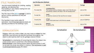 Java has several methods for creating, reading,
updating, and deleting files.
File handling in Java implies reading from and
writing data to a file
The File class of the java.io package is used to
perform various operations on files and
directories.
File Handing in java comes under IO
operations. Java IO package java.io classes are
specially provided for file handling in java.
Operation Method Package
To create file
createNewFile()
This method returns a boolean value: true if the file was
successfully created, and false if the file already exists
java.io.File
To read file
read()
to read the contents of the text file we created
java.io.FileReader
To write file
write()
usedto write some text to the file we created
java.io.FileWriter
To delete file
delete()
To delete a file
java.io.File
Java File Operation Methods
Problem: when you create a class, you may create an object for that
particular class and once we execute/terminate the program, the
object is destroyed by itself via the garbage collector thread.
Serialization is a mechanism of converting the state of an object into
a byte stream and it is saved into a file/memory/database.
Deserialization is the reverse process where the byte stream is used
to recreate the actual Java object in memory. This mechanism is used
to persist(permanently save) the object
 