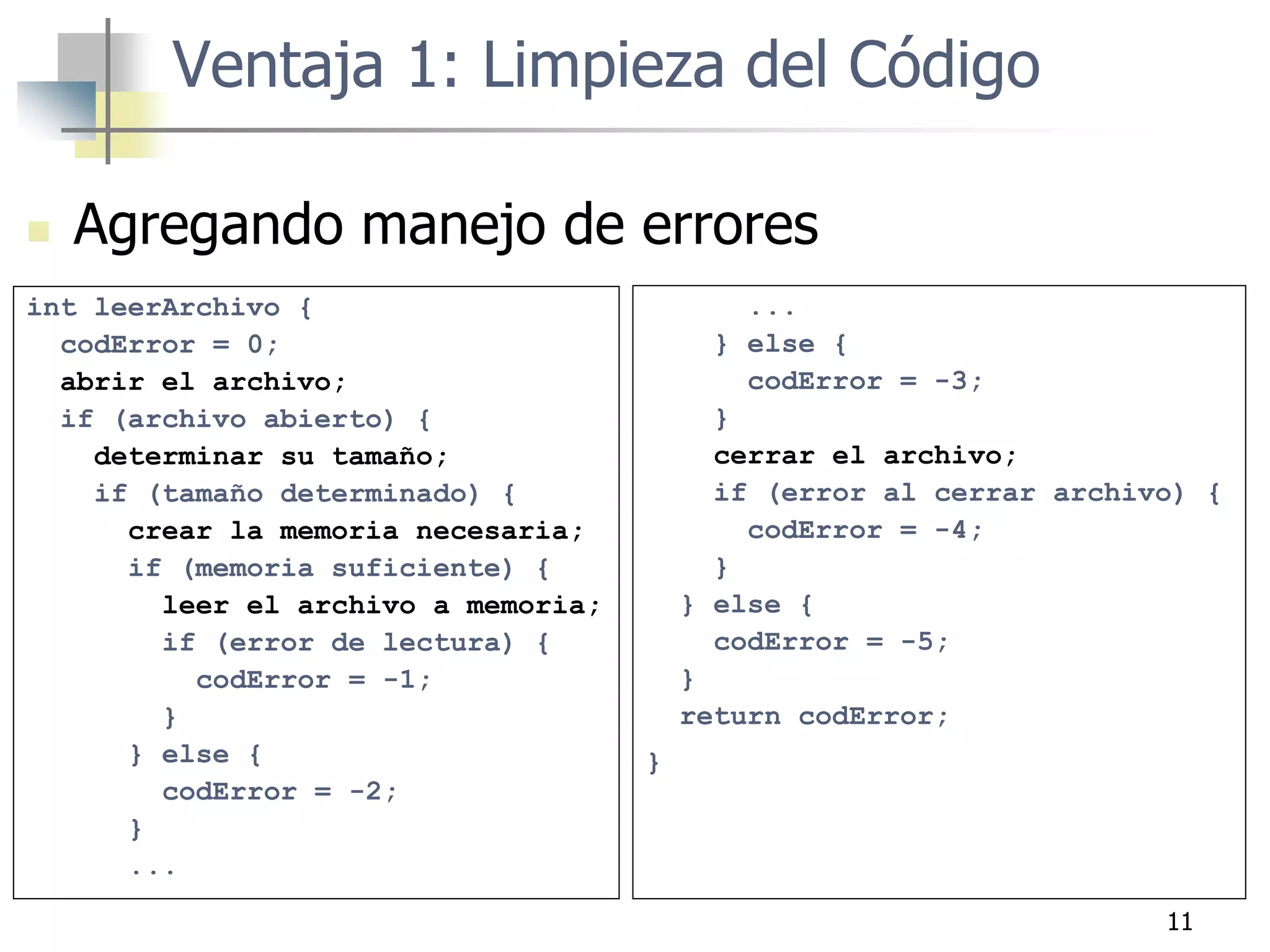 11
 Agregando manejo de errores
int leerArchivo {
codError = 0;
abrir el archivo;
if (archivo abierto) {
determinar su tamaño;
if (tamaño determinado) {
crear la memoria necesaria;
if (memoria suficiente) {
leer el archivo a memoria;
if (error de lectura) {
codError = -1;
}
} else {
codError = -2;
}
...
...
} else {
codError = -3;
}
cerrar el archivo;
if (error al cerrar archivo) {
codError = -4;
}
} else {
codError = -5;
}
return codError;
}
Ventaja 1: Limpieza del Código
 