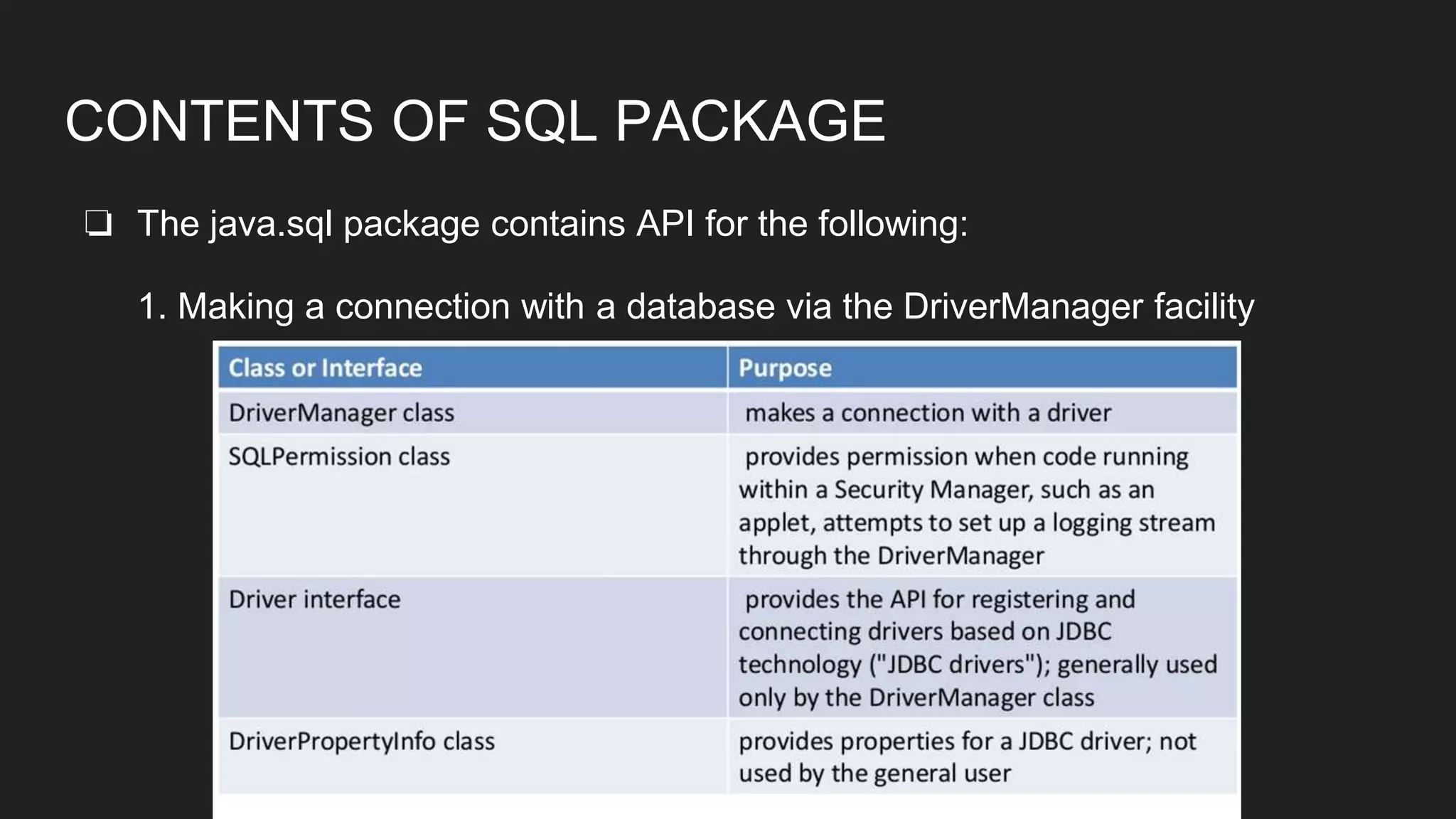 CONTENTS OF SQL PACKAGE
❏ The java.sql package contains API for the following:
1. Making a connection with a database via the DriverManager facility
 