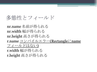 多態性とフィールド
nr.name 名前が得られる
nr.width 幅が得られる
nr.height 高さが得られる
r.name コンパイルエラー(Rectangleにname
フィールドはない)
r.width 幅が得られる
r.height 高さが得られる

 