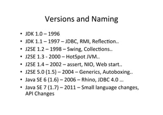 Versions	
  and	
  Naming	
  
•    JDK	
  1.0	
  –	
  1996	
  	
  
•    JDK	
  1.1	
  –	
  1997	
  –	
  JDBC,	
  RMI,	
  ReﬂecQon..	
  
•    J2SE	
  1.2	
  –	
  1998	
  –	
  Swing,	
  CollecQons..	
  
•    J2SE	
  1.3	
  -­‐	
  2000	
  –	
  HotSpot	
  JVM..	
  
•    J2SE	
  1.4	
  –	
  2002	
  –	
  assert,	
  NIO,	
  Web	
  start..	
  
•    J2SE	
  5.0	
  (1.5)	
  –	
  2004	
  –	
  Generics,	
  Autoboxing..	
  
•    Java	
  SE	
  6	
  (1.6)	
  –	
  2006	
  –	
  Rhino,	
  JDBC	
  4.0	
  …	
  
•    Java	
  SE	
  7	
  (1.7)	
  –	
  2011	
  –	
  Small	
  language	
  changes,	
  
     API	
  Changes	
  
 