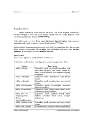 Pertemuan 7                                                                    Halaman 7/7




Pengertian Thread

       Thread merupakan aliran eksekusi dari suatu task dalam program, dimana task
tersebut mempunyai awal dan akhir. dengan thread suatu task dapat berjalan secara
bersamaan yang disebut dengan multithreading.

Pada multiprocessor system thread secara bersamaan dapat dieksekusi oleh processor.
sedangkan pada single-processor system, thread berbagi CPU Time.

Multithreading dapat membuat program bekerja lebih respon dan interaktif. Thread dapat
dibuat dengan menurunkan Thread class atau melakukan implements dari interface
Runnable. Keduanya berada pada java.lang package.

Thread Class
Thread class digunakan untuk membuat suatu thread.

Di bawah ini adalah method yang digunakan untuk mengoperasikan thread

          Method                              Description
  public void run()         Digunakan untuk mengimplementasikan task
                            yang akan dikerjakan oleh thread. method ini
                            dapat di-override untuk diisi dengan code yang
                            diinginkan
  public void start()       Digunakan untuk menjalankan suatu thread
                            object
  public void stop()        Digunakan untuk menghentikan suatu thread
                            object
  public void suspend()     Digunakan untuk menghentikan sementara
                            suatu thread object
  public void resume()      Digunakan untuk mengaktifkan kembali suatu
                            thread object yang disuspend.
  public statis void        Digunakan untuk membuat thread object
  sleep(long millis)        berhenti sementara dalam waktu hitungan
  throws                    millisecond
  InterruptedException
  public void interrupt()   Digunakan untuk menginterupsi suatu thread
                            object
  public static boolean     digunakan untuk tes apakah suatu thread object

Bahasa Pemrograman I                                   Exception Handling and Multithreading
 
