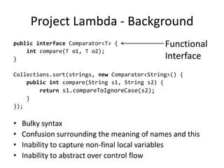Project Lambda - Background
public interface Comparator<T> {              Functional
    int compare(T o1, T o2);
}                                             Interface
Collections.sort(strings, new Comparator<String>() {
    public int compare(String s1, String s2) {
        return s1.compareToIgnoreCase(s2);
    }
});


•   Bulky syntax
•   Confusion surrounding the meaning of names and this
•   Inability to capture non-final local variables
•   Inability to abstract over control flow
 