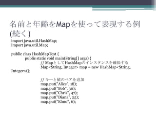 ǰhMapʹäƱF
(A)
import java.util.HashMap;
import java.util.Map;
public class HashMapTest {
public static void main(String[] args) {
// MapȤHashMapΥ󥹥󥹤_
Map<String, Integer> map = new HashMap<String,
Integer>();
// `ȂΥڥ׷
map.put("Alice", 18);
map.put("Bob", 30);
map.put("Chris", 47);
map.put("Diana", 25);
map.put("Elmo", 6);

 