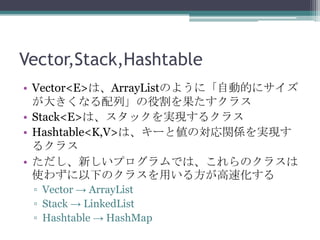 Vector,Stack,Hashtable
? Vector<E>ϡArrayListΤ褦ˡԄӵĤ˥
󤭤ʤС۸饹
? Stack<E>ϡågF륯饹
? Hashtable<K,V>ϡ`ȂΌvSgF
륯饹
? ¤ץǤϡΥ饹
ʹ鷺¤Υ饹ä뷽ٻ
? Vector  ArrayList
? Stack  LinkedList
? Hashtable  HashMap

 