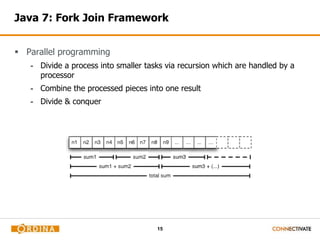 15
Java 7: Fork Join Framework
 Parallel programming
- Divide a process into smaller tasks via recursion which are handled by a
processor
- Combine the processed pieces into one result
- Divide & conquer
 