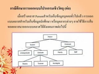กรณีศึกษาการออกแบบโปรแกรมเชิงวัตถุ (ต่อ)
      เมื่อสร้างคลาส Personสาหรับเก็บข้อมูลบุคคลทั่วไปแล้ว การออก
แบบคลาสสาหรับเก็บข้อมูลนักศึกษา หรือบุคลากรต่างๆ อาจใช้วิธีการสืบ
ทอดคลาสมาออกแบบคลาสได้ดังแผนภาพต่อไปนี้
 