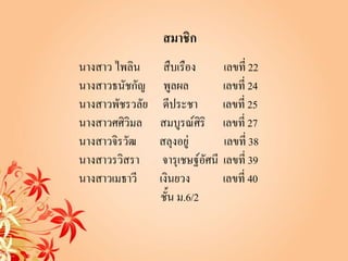 สมาชิก
นางสาว ไพลิน      สืบเรือง         เลขที่ 22
นางสาวธนัชกัญ     พูลผล            เลขที่ 24
นางสาวพัชรวลัย    ดีประชา          เลขที่ 25
นางสาวศศิวิมล    สมบูรณ์ศิริ       เลขที่ 27
นางสาวจิรวัฒ     สลุงอยู่          เลขที่ 38
นางสาวรวิสรา      จารุเชษฐ์อัศนี   เลขที่ 39
นางสาวเมธาวี     เงินยวง           เลขที่ 40
                 ชั้น ม.6/2
 