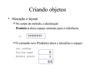 Criando objetos <ul><li>Alocação e layout </li></ul><ul><ul><li>No corpo do método, a declaração  </li></ul></ul><ul><ul><...