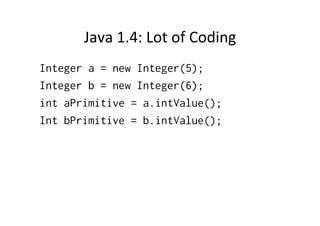 Java	
  1.4:	
  Lot	
  of	
  Coding	
  
Integer a = new Integer(5);
Integer b = new Integer(6);
int aPrimitive = a.intValue();
Int bPrimitive = b.intValue();
 