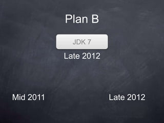 Plan B
             JDK 8
                 7

           Late 2012




Mid 2011               Late 2012
 
