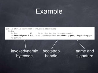 Example

public static void main(java.lang.String[]);
  Code:
    0: ldc           #9     // String Hello, invokedynamic!
    2: invokedynamic #18, 0 // InvokeDynamic #0:print:(Ljava/lang/String;)V
    7: return




    invokedynamic               bootstrap                    name and
       bytecode                  handle                      signature
 