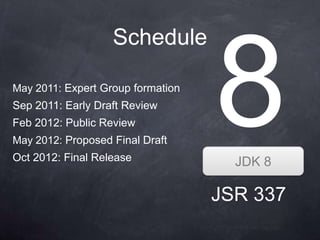 Schedule

May 2011: Expert Group formation
Sep 2011: Early Draft Review
Feb 2012: Public Review
May 2012: Proposed Final Draft
Oct 2012: Final Release              JDK 8

                                   JSR 337
 