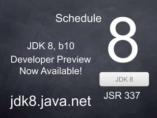 Schedule

   JDK 8, b10
Developer Preview
 Now Available!
                      JDK 8

                    JSR 337
jdk8.java.net
 