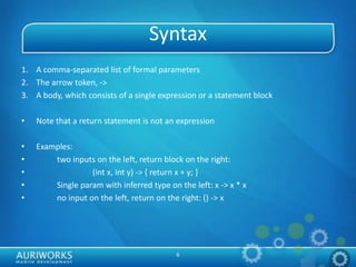 6
Syntax
1. A comma-separated list of formal parameters
2. The arrow token, ->
3. A body, which consists of a single expression or a statement block
• Note that a return statement is not an expression
• Examples:
• two inputs on the left, return block on the right:
• (int x, int y) -> { return x + y; }
• Single param with inferred type on the left: x -> x * x
• no input on the left, return on the right: () -> x
 
