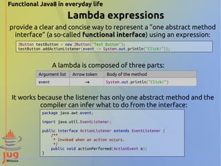 Functional Java8 in everyday life 
Lambda expressions 
provide a clear and concise way to represent a ”one abstract method 
interface” (a so-called functional interface) using an expression: 
JButton testButton = new JButton("Test Button"); 
testButton.addActionListener(event -> System.out.println("Click!")); 
A lambda is composed of three parts: 
Argument list Arrow token Body of the method 
event → System.out.println("Click!") 
It works because the listener has only one abstract method and the 
compiler can infer what to do from the interface: 
package java.awt.event; 
import java.util.EventListener; 
public interface ActionListener extends EventListener { 
/** 
* Invoked when an action occurs. 
*/ 
public void actionPerformed(ActionEvent e); 
} 
 