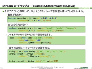 Stream コードサンプル(example.StreamSample.java) 
今までこういう処理って、似たようなforループを何度も書いていましたよね。 
ULS 
boolean negative = Stream.of(1,2,23,-4,5,-6) 
.anyMatch(n -> n < 0); // true 
boolean startsWith_a = Stream.of("angel", "apple", "banana") 
.allMatch(s -> s.startsWith("a"));//false 
Files.lines(new File("log.txt").toPath()) 
.skip(100).limit(100) 
.forEach(System.out::println); 
Copyright © 2011-2014 UL Systems, Inc. All rights reserved. 
Proprietary & Confidential Powered by 31 
– 負数があるか? 
– 全てaから始まるか? 
– ファイルの101行目から200行目だけを出す。 
– -文字列の間に”,”をつけて１つの文字列に。 
String[] sa = new String[]{"AA", "BB", "CC", "DD"}; 
String concat = Arrays.stream(sa) 
.collect(Collectors.joining(",")); 
String concat2 = String.join(“,”, sa);//別解 
 