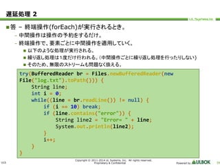 ULS 
Copyright © 2011-2014 UL Systems, Inc. All rights reserved. 
Proprietary & Confidential Powered by 39 
遅延処理2 
答– 終端操作(forEach)が実行されるとき。 
– 中間操作は操作の予約をするだけ。 
– 終端操作で、要素ごとに中間操作を適用していく。 
 以下のような処理が実行される。 
 繰り返し処理は１度だけ行われる。（中間操作ごとに繰り返し処理を行ったりしない) 
 そのため、無限のストリームも問題なく扱える。 
try(BufferedReader br = Files.newBufferedReader(new 
File("log.txt").toPath())) { 
String line; 
int i = 0; 
while((line = br.readLine()) != null) { 
if (i == 10) break; 
if (line.contains("error")) { 
String line2 = "Error= " + line; 
System.out.println(line2); 
} 
i++; 
} 
} 
 
