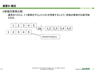 ULS 
Copyright © 2011-2014 UL Systems, Inc. All rights reserved. 
Proprietary & Confidential Powered by 45 
演習3-補足 
前後の要素比較 
– 通常のリストと、1つ要素をずらしたリストを用意することで、前後の要素が比較可能 
となる。 
1 2 3 4 5 
2 3 4 5 
zip 1,2 2,3 3,4 4,5 
1 
Stream#skip(1) 
 