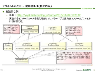 デフォルトメソッド– 使用例3-1(紹介のみ) 
ULS 
Copyright © 2011-2014 UL Systems, Inc. All rights reserved. 
Proprietary & Confidential Powered by 52 
 実践的な例 
– 参考: http://yojik.hatenablog.jp/entry/2013/11/02/172132 
– 実装するインターフェースを変えるだけで、エラーログの出力をコンソール/ファイル 
に切り替える。 
 
