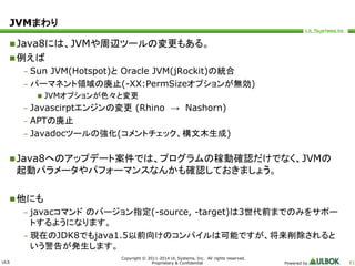 ULS 
Copyright © 2011-2014 UL Systems, Inc. All rights reserved. 
Proprietary & Confidential Powered by 61 
JVMまわり 
Java8には、JVMや周辺ツールの変更もある。 
例えば 
– Sun JVM(Hotspot)とOracle JVM(jRockit)の統合 
– パーマネント領域の廃止(-XX:PermSizeオプションが無効) 
 JVMオプションが色々と変更 
– Javascirptエンジンの変更(Rhino → Nashorn) 
– APTの廃止 
– Javadocツールの強化(コメントチェック、構文木生成) 
Java8へのアップデート案件では、プログラムの稼動確認だけでなく、JVMの 
起動パラメータやパフォーマンスなんかも確認しておきましょう。 
他にも 
– javacコマンドのバージョン指定(-source, -target)は3世代前までのみをサポー 
トするようになります。 
– 現在のJDK8でもjava1.5以前向けのコンパイルは可能ですが、将来削除されると 
いう警告が発生します。 
 