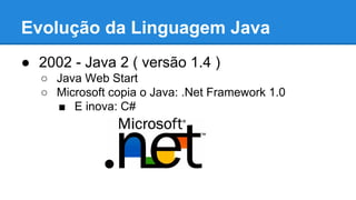 Evolução da Linguagem Java
● 2002 - Java 2 ( versão 1.4 )
○ Java Web Start
○ Microsoft copia o Java: .Net Framework 1.0
■ E inova: C#
 