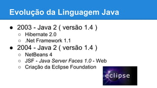 Evolução da Linguagem Java
● 2003 - Java 2 ( versão 1.4 )
○ Hibernate 2.0
○ .Net Framework 1.1
● 2004 - Java 2 ( versão 1.4 )
○ NetBeans 4
○ JSF - Java Server Faces 1.0 - Web
○ Criação da Eclipse Foundation
 