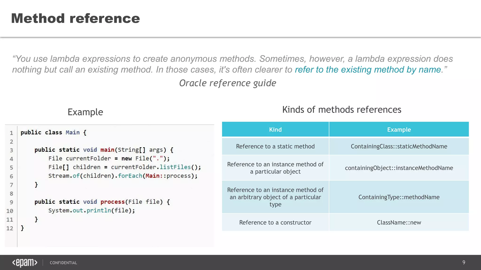 9CONFIDENTIAL
Method reference
Oracle reference guide
“You use lambda expressions to create anonymous methods. Sometimes, however, a lambda expression does
nothing but call an existing method. In those cases, it's often clearer to refer to the existing method by name.”
Kind Example
Reference to a static method ContainingClass::staticMethodName
Reference to an instance method of
a particular object
containingObject::instanceMethodName
Reference to an instance method of
an arbitrary object of a particular
type
ContainingType::methodName
Reference to a constructor ClassName::new
Kinds of methods referencesExample
 