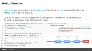 13CONFIDENTIAL
Hello, Streams
Streams let you process data in a declarative way. We do not say how to process the data, we
just say what to do with the data.
Let’s say we need to find all transactions of type ‘grocery’ and return a list of transaction
IDs sorted in decreasing order of transaction value.
 