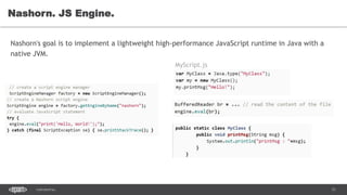 31CONFIDENTIAL
Nashorn. JS Engine.
Nashorn's goal is to implement a lightweight high-performance JavaScript runtime in Java with a
native JVM.
MyScript.js
 