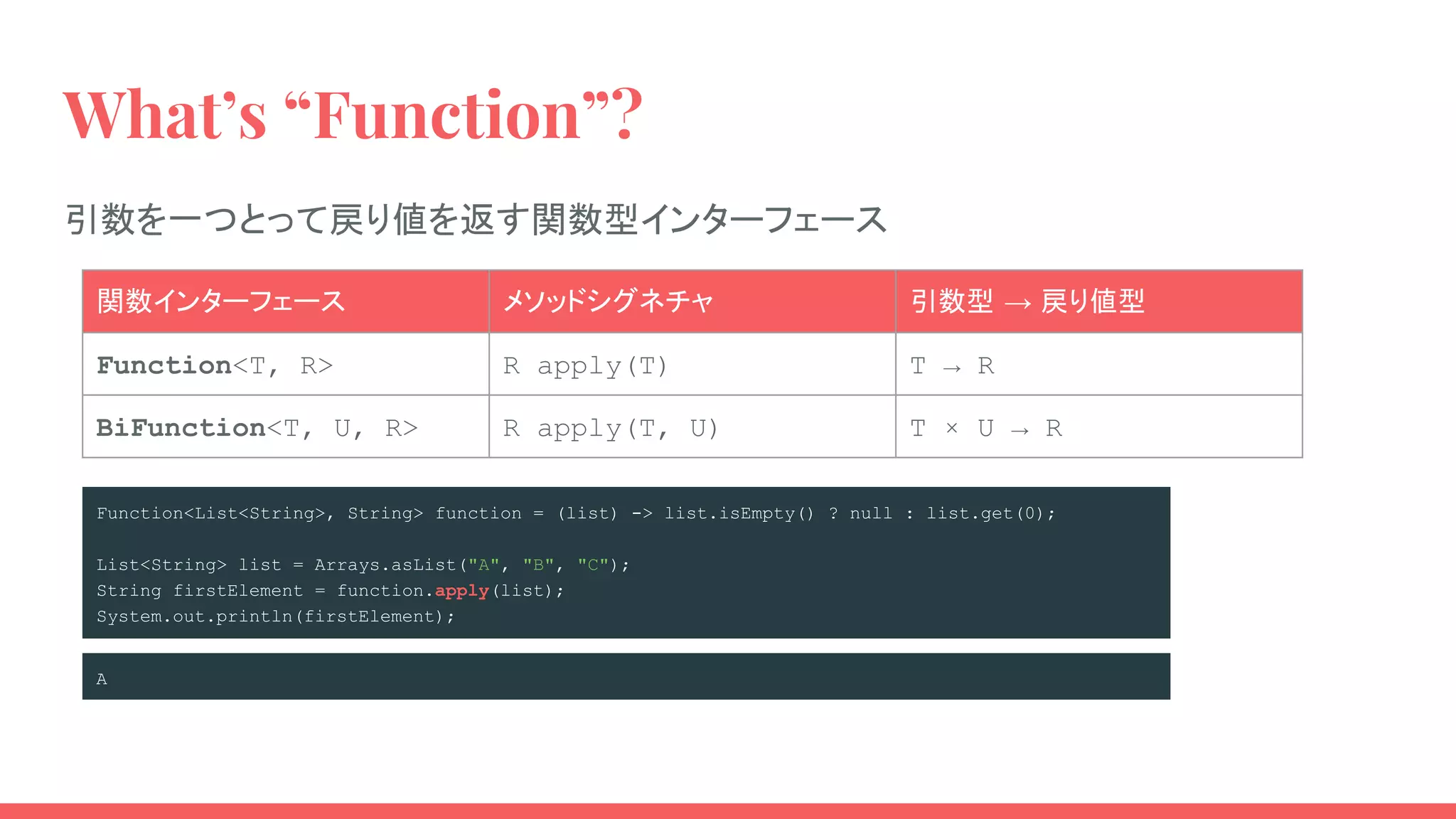 Function<List<String>, String> function = (list) -> list.isEmpty() ? null : list.get(0);
List<String> list = Arrays.asList("A", "B", "C");
String firstElement = function.apply(list);
System.out.println(firstElement);
What’s “Function”?
引数を一つとって戻り値を返す関数型インターフェース
関数インターフェース メソッドシグネチャ 引数型 → 戻り値型
Function<T, R> R apply(T) T → R
BiFunction<T, U, R> R apply(T, U) T × U → R
A
 