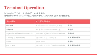 Terminal Operation
Streamの全データを一括で別のデータに変換する。
終端操作は１つのStreamに１度しか実行できない。（再利用すると例外が発生する。）
メソッド名x メソッドシグネチャ
collect R collect(Collector<T,A,R>) 集合化
forEach void forEach(Consumer<T>) 副作用
anyMatch/allMatch/noneMatch boolean anyMatch(Predicate<T>) 条件判定
findAny / findFirst Optional<T> findAny() 任意/最初の要素
count long count() 要素数
max / min Optional<T> max(Comparator<T>) 最大/最小の要素
 