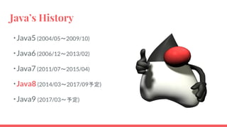 Java’s History
・Java5(2004/05〜2009/10)
・Java6(2006/12〜2013/02)
・Java7(2011/07〜2015/04)
・Java8(2014/03〜2017/09予定)
・Java9 (2017/03〜予定)
 