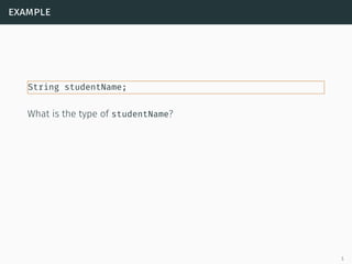 example
String studentName;
What is the type of studentName?
5
 
