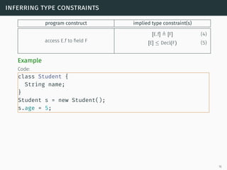 inferring type constraints
program construct implied type constraint(s)
access E.f to field F
[E.f] [F] (4)
[E] ≤ Decl(F) (5)
Example
Code:
class Student {
String name;
}
Student s = new Student();
s.age = 5;
16
 