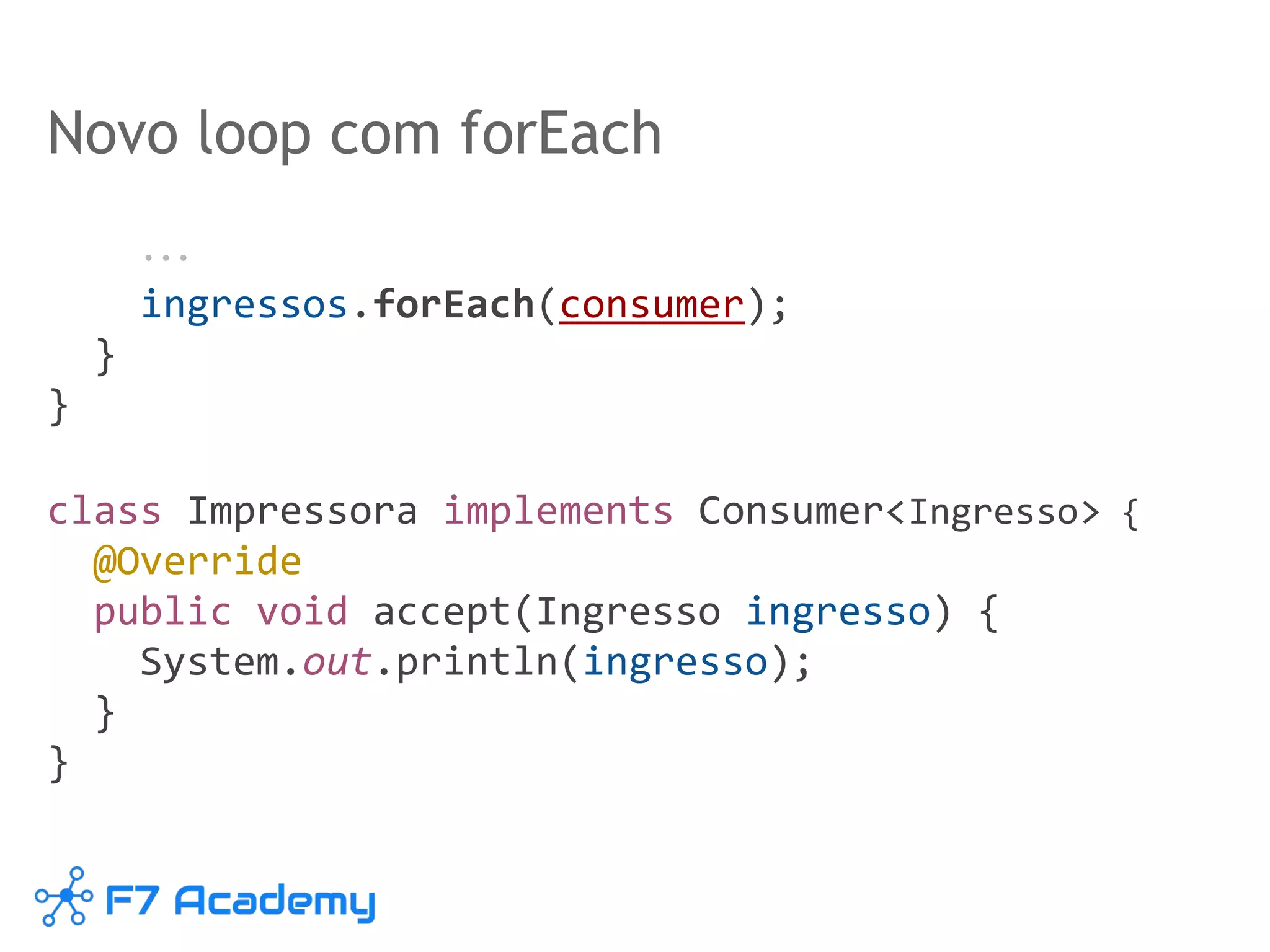 Novo loop com forEach
...
ingressos.forEach(consumer);
}
}
class Impressora implements Consumer<Ingresso> {
@Override
public void accept(Ingresso ingresso) {
System.out.println(ingresso);
}
}
 