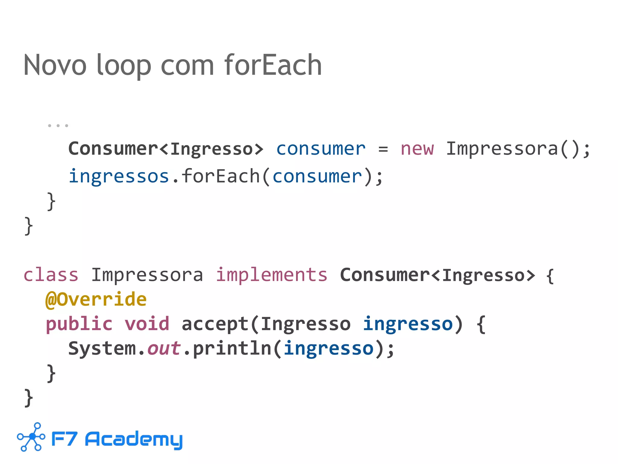 Novo loop com forEach
...
Consumer<Ingresso> consumer = new Impressora();
ingressos.forEach(consumer);
}
}
class Impressora implements Consumer<Ingresso> {
@Override
public void accept(Ingresso ingresso) {
System.out.println(ingresso);
}
}
 