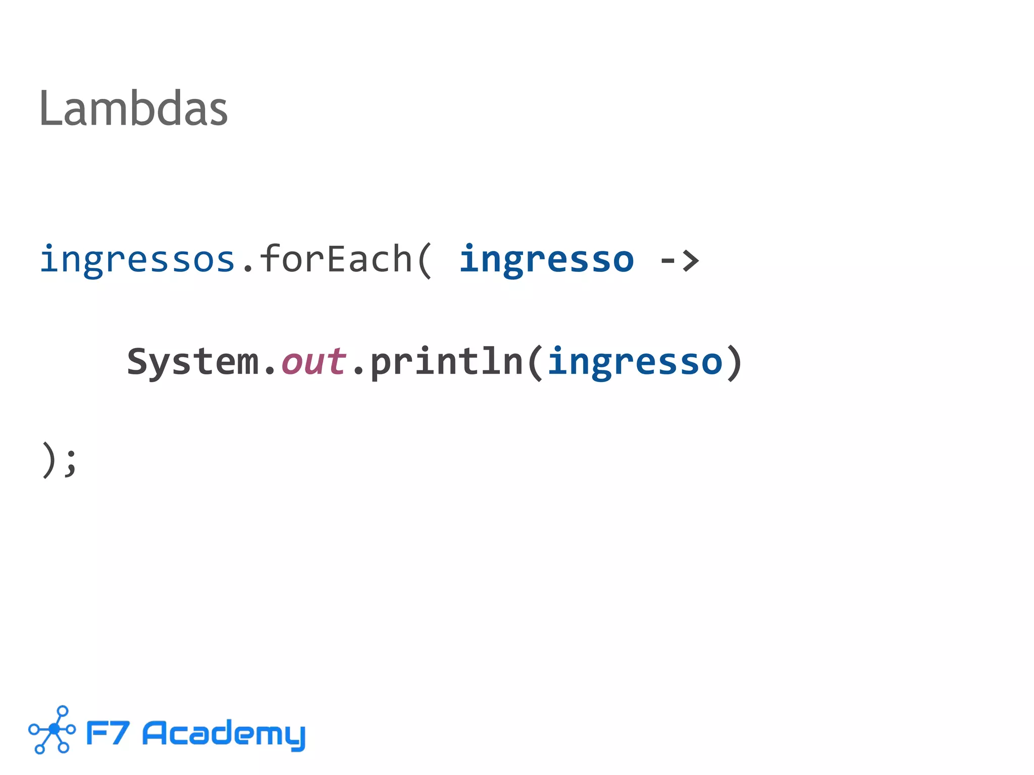 Lambdas
ingressos.forEach( ingresso ->
System.out.println(ingresso)
);
 