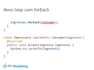 Novo loop com forEach
...
ingressos.forEach(consumer);
}
}
class Impressora implements Consumer<Ingresso> {
@Override
public void accept(Ingresso ingresso) {
System.out.println(ingresso);
}
}
 