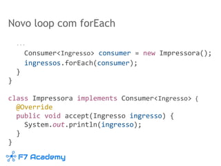 Novo loop com forEach
...
Consumer<Ingresso> consumer = new Impressora();
ingressos.forEach(consumer);
}
}
class Impressora implements Consumer<Ingresso> {
@Override
public void accept(Ingresso ingresso) {
System.out.println(ingresso);
}
}
 