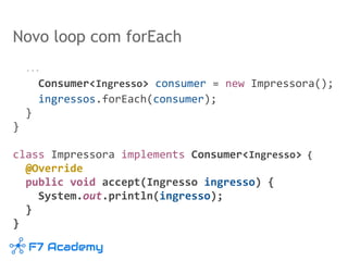 Novo loop com forEach
...
Consumer<Ingresso> consumer = new Impressora();
ingressos.forEach(consumer);
}
}
class Impressora implements Consumer<Ingresso> {
@Override
public void accept(Ingresso ingresso) {
System.out.println(ingresso);
}
}
 