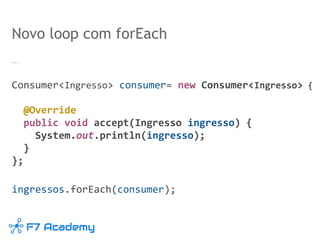 Novo loop com forEach
…
Consumer<Ingresso> consumer= new Consumer<Ingresso> {
@Override
public void accept(Ingresso ingresso) {
System.out.println(ingresso);
}
};
ingressos.forEach(consumer);
 